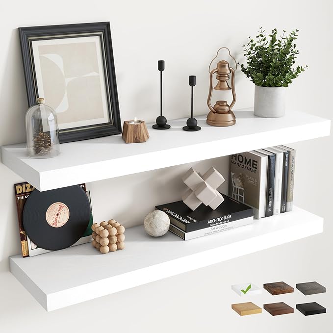 40 Inch Floating Shelves for Wall with Invisible Brackets Set of 2, 9"D Engineered Wood Wall Shelves with Wood Grain for Living Room, Bedroom, Bathroom, Kitchen Decor and Storage, White Finish