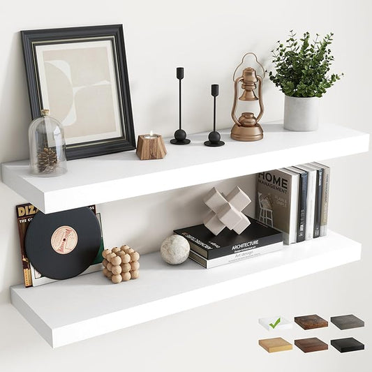 40 Inch Floating Shelves for Wall with Invisible Brackets Set of 2, 9"D Engineered Wood Wall Shelves with Wood Grain for Living Room, Bedroom, Bathroom, Kitchen Decor and Storage, White Finish