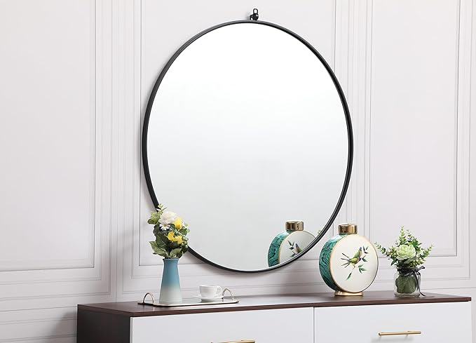 Focus 39x39 Round Wall Mirror, for Bathroom Bedroom Entryway, Black