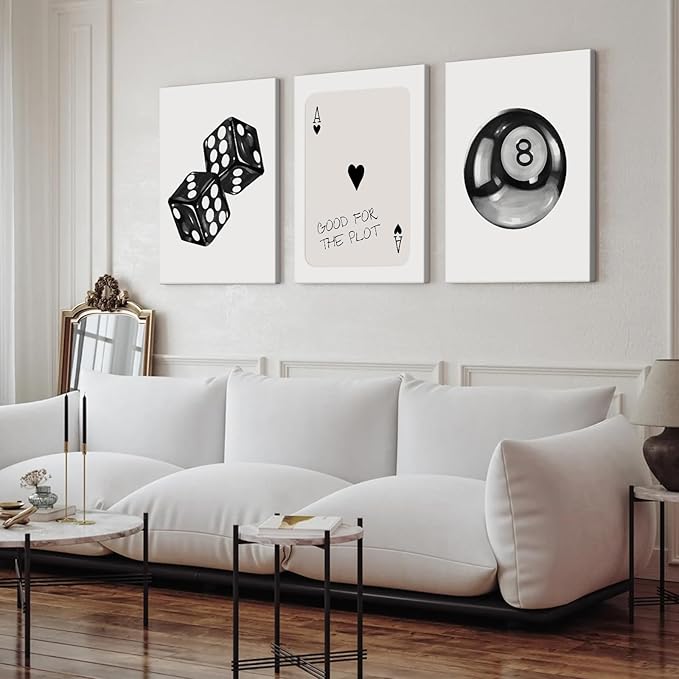 Black White Aesthetic Wall Art Decor 8 Ball Canvas Poster Y2k Cool Dice Pictures Black White Room Decor Trendy Poker Poster Prints Retro Painting Artwork for Apartment Dorm 12x16x3 Inch Ready to Hang