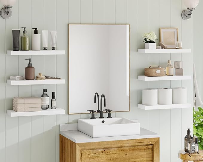 Fixwal White Shelves, 15.8in Floating Shelves, Farmhouse Shelf Wall Decor for Bathroom, Bedroom, Living and Kitchen Set of 6