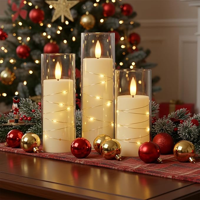 Raycare Flameless Candle with Remote Timer, 7 Flickering Acrylic Battery Operated LED Pillar Candles with Embedded Star String for Valentine's Day, Home Decor, and as a Gift(Ivory)