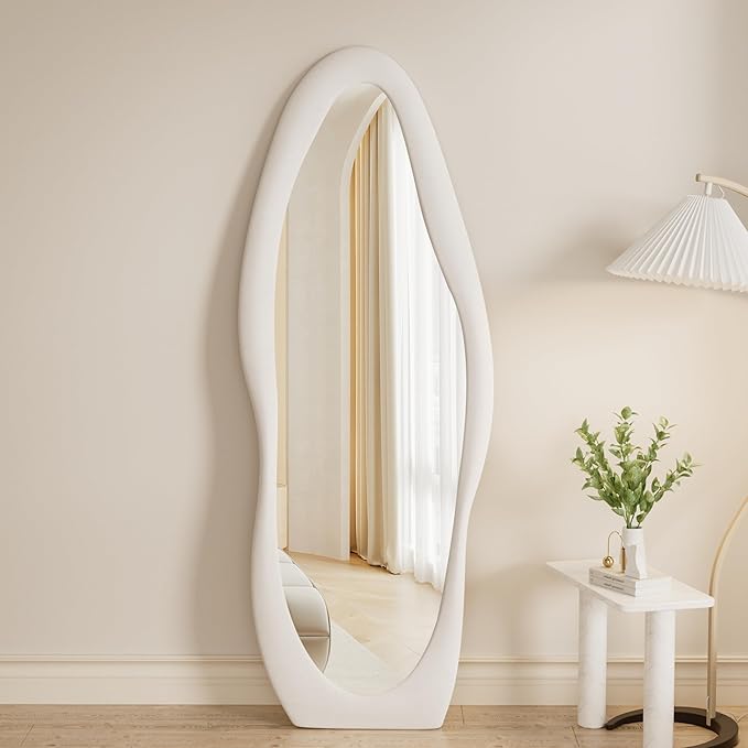 Rowjut Full Length Mirorr, 63"x24" Mirror Full Length, Irregular Wall Mounted Mirror, Standing Floor Mirror with Flannel, Wavy Body Mirorr Hanging or Leaning Against Wall for Bedroom (White)