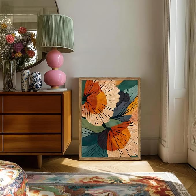 Framed Abstract Floral Wall Art, Boho Vintage Flower Pictures Wall Decor, Mid Century Modern Botanical Paintings Canvas Prints for Living Room Bedroom Office 16x24 inch