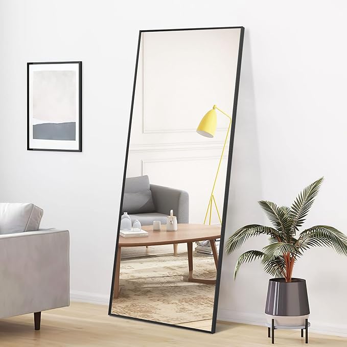 NeuType Full Length Mirror, 64"x22" With Stand Wall Mounted or Floor Standing, Large Dressing Mirror for Hanging or Leaning Against Wall, Aluminum Alloy Thin Frame (Black)