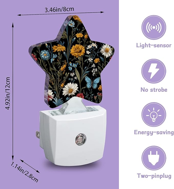 Floral Black Nightlights Plug in Wall,Decorative Star Lamp with Automatic Lighting for Living Space,Gentle Glow for Kids Room,Hallway,Bathroom