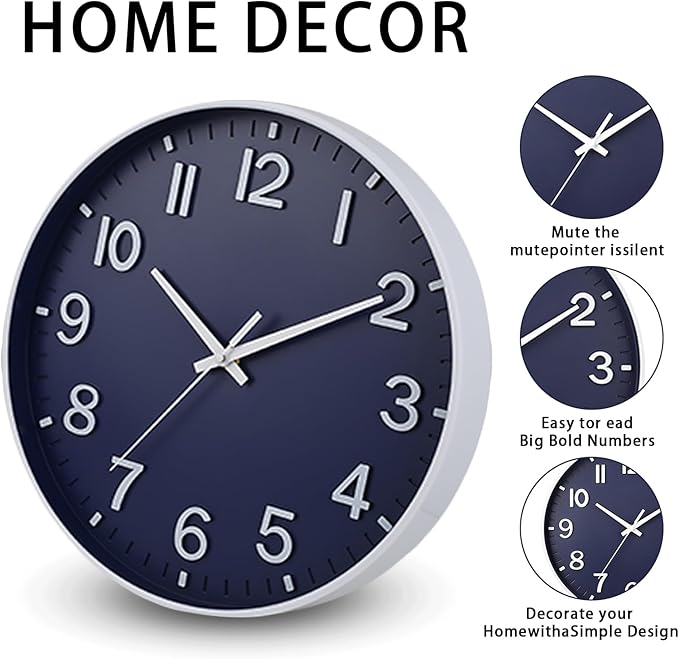 HZDHCLH Wall Clocks Battery Operated,Wall Clock Navy Blue,12 inch Wall Clock Silent Non Ticking Modern 3D Numbers for Kitchen Bedroom Living Room Office Classroom Decor