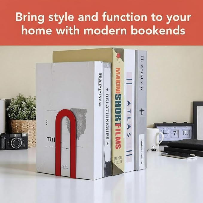 Chunful 6 Pcs Modern Metal Book Ends for Shelves Decorative Small Bookends Book Shelf Organizer Minimalist Design Stopper to Hold Books for Home Office (Red,5.5 * 3.75 * 2.25inch)