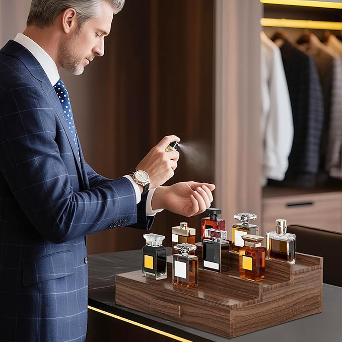 Solid Walnut Cologne Organizer for Men,Cologne Stand,3 Tier Wooden Cologne Holder Shelf Display,Perfume Stand Organizer with Drawer Storage,Gift for Men Dad Husband,Mens Valentines Day Gifts