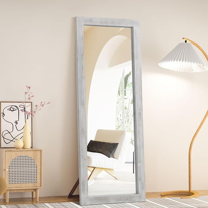 Rustic Farmhouse Full Length Mirror, 64"x21" Wood Frame Floor Mirror, Free Standing Mirror for Bedroom Living Room Cloakroom, Weathered White