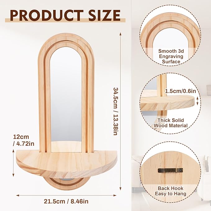 Wooden Wall Floating Shelves, 2PC Boho Arched Wall Shelf,Decorative Mounted Display Shelf with Acrylic Frameless Mirror, Nature Wood Shelves for Home Holding Planter Decoration