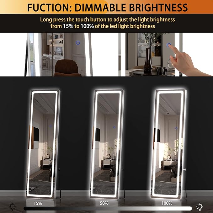 Hasipu Full Length Mirror with Lights, 56" x 20" LED Floor, Full Body Dressing Standing, Hanging Mounted Mirror, Round White
