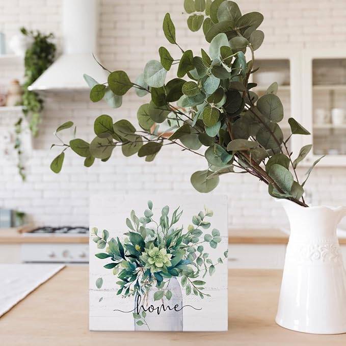 Sage Green Eucalyptus Leaves Wooden Box Sign Decor, Home Sign Shelf Decoration, Rustic Spring Botanical Wooden Block Decor for Home Farmhouse Shelf Tiered Tray Decoration 5x5