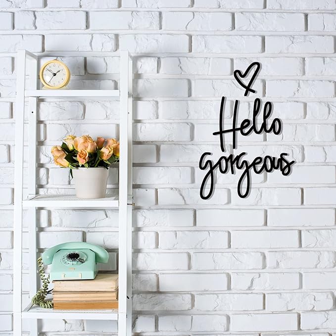Blulu Hello Gorgeous Wall Decor Sign Hello Gorgeous Wall Art Minimalist Wooden Words Decor for Lash Room, Salon, Vanity or Makeup Room, Bathroom, Bedroom, Office(Black)