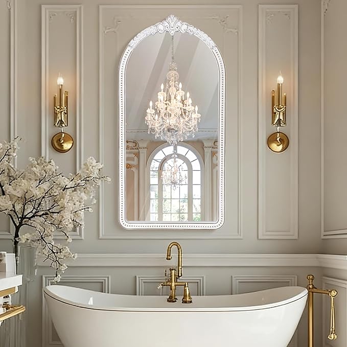 Farmhouse Full Length Mirror - 47x24 Inches Antique White Baroque Wooden Arched Wall Mirror, Vintage Ornate Beaded Decorative Mirror for Mantel, Living Room, Bedroom