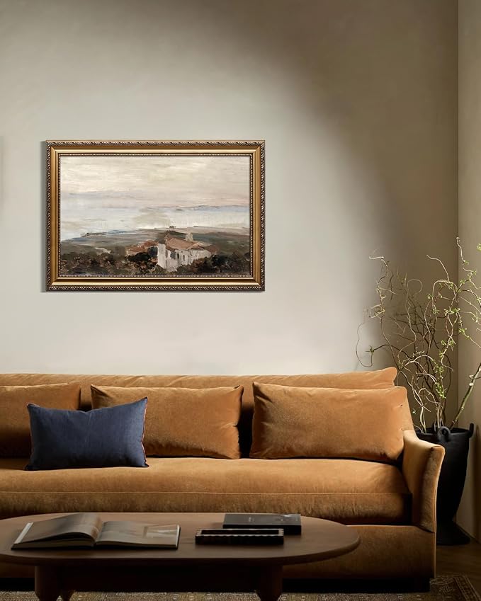 KBKBART Vintage Framed Wall Art for Living Room, Retro Muted European Coastal Prints Painting, Neutral Warm Tone Landscape Art Wall Decor, Gold Framed Oil Painting Canvas Artwork for Farmhouse Wall Decor, 16"x24"