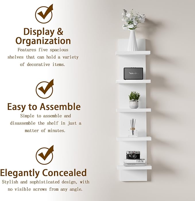 5 Tier Wall Shelf Unit, White Versatile Lack Wall Shelf, Display Floating Shelves for Bedroom Bathroom Home Decor Organizer