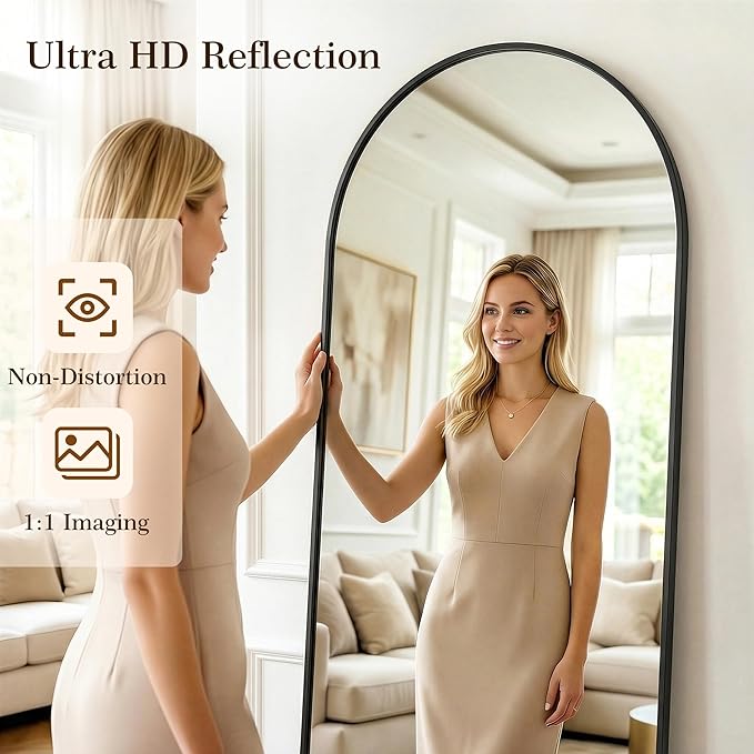 76"x34" Arched Full Length Mirror with Stand, Free Standing Leaning Wall Mounted Aluminum Alloy Frame Mirror for Bedroom Living Room Cloakroom, Black
