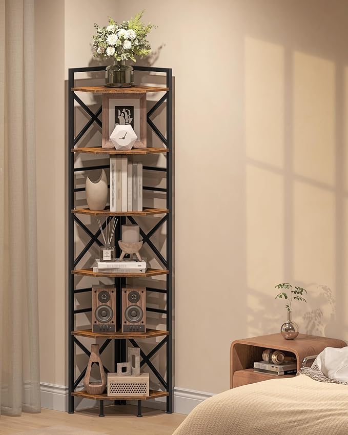 CHOEZON 6-Tier Corner Shelf, Large Corner Shelving Unit, Freestanding Storage Stand for Bedroom, Living Room, Kitchen, Industrial Engineered Wood Bookshelf Organizer, Rustic Brown and Black TCJ75BF