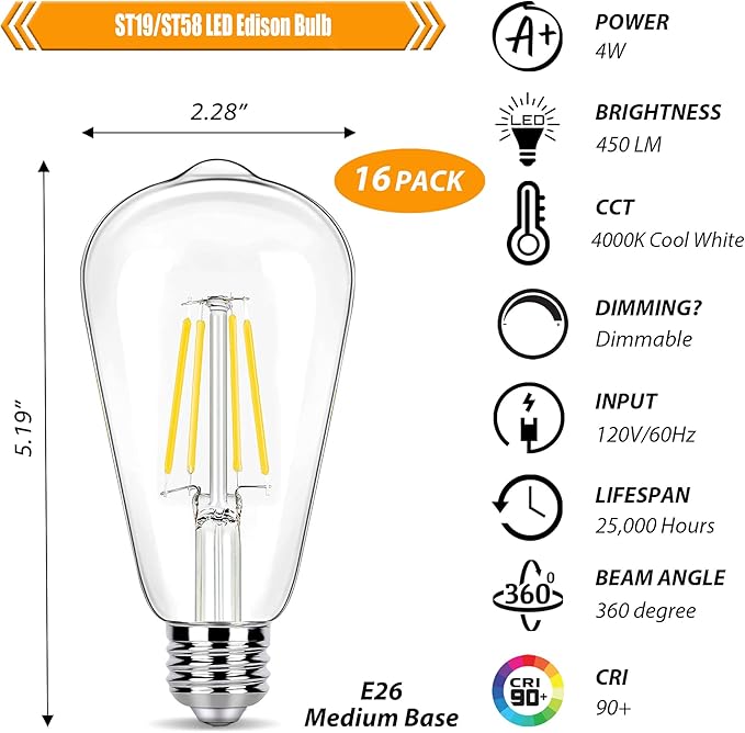 16 Pack LED Edison Bulbs 40W Equivalent, 4000K Cool White Dimmable ST19 Light Bulb, 4W LED Filament Bulb, 450LM E26 Vintage Bulbs for Ceiling Light Fixtures