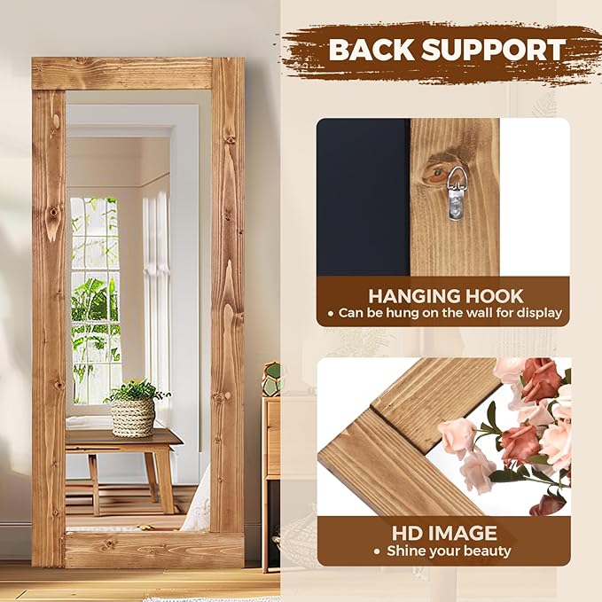 Full Length Mirror 58"x24" – Solid Wood Frame, HD Tempered Glass, Wall Mounted & Leaning, Rustic Modern Decor for Bedroom, Living Room, Entryway, Light Brown