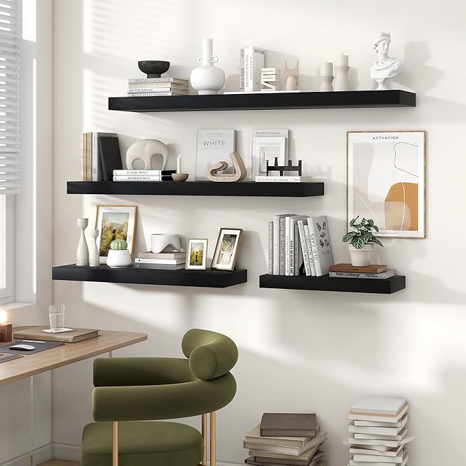 Heimlove Floating Shelves for Wall 48 Inch Long,Extra Large and Thick Wood Shelves Mounted Storage Hanging Shelf Invisible Bracket for Bedroom,Living Room,Kitchen,Office,Set of 2,Black
