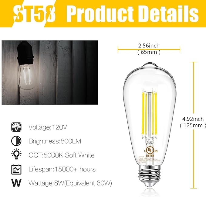 DAYBETTER 16 Pack Vintage LED Edison Bulbs, E26 Led Bulb 60W Equivalent, Dimmable Led Light Bulbs, High Brightness 800 LM Daylight 5000K, ST58 Antique LED Filament Bulbs, Clear Glass Style for Home