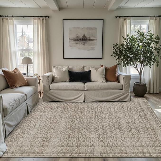 Area Rugs 5x7, Washable Rugs for Living Room, Vintage Boho Rug for Office, Dining Room, Kids Room and Farmhouse, Durable Low Pile Non-Slip Area Rug for High Traffic Areas(Apricot)