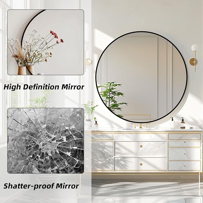 Round Black Mirror, 24 Inch Circle Black Mirror, Metal Frame Round Wall Mounted Mirrors for Bathroom, Living Room, Bedroom, Entryway, Vanity