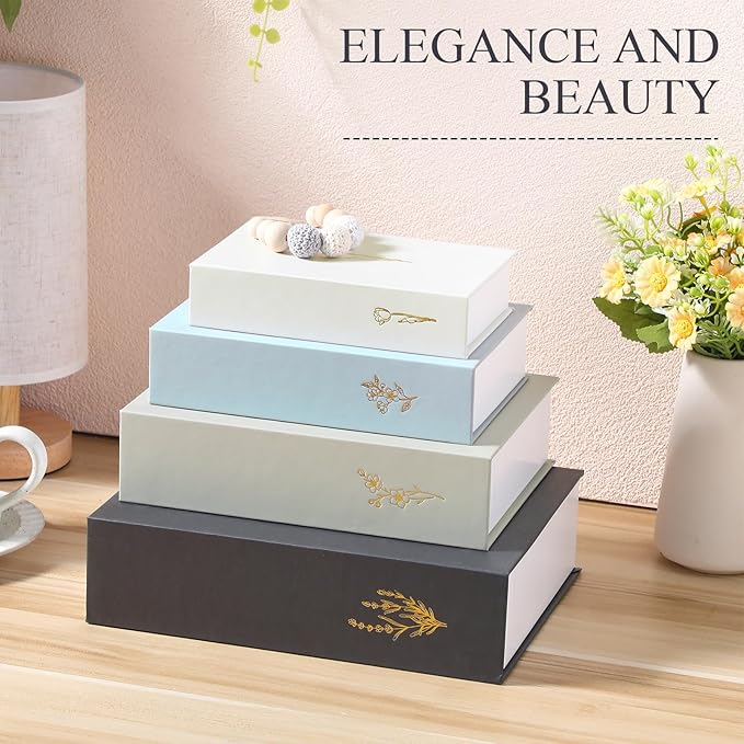 Sabary Set of 4 Decorative Books Boxes Faux Books Stacked for Modern Home Coffee Tables Bookshelves DIY Crafts Decor