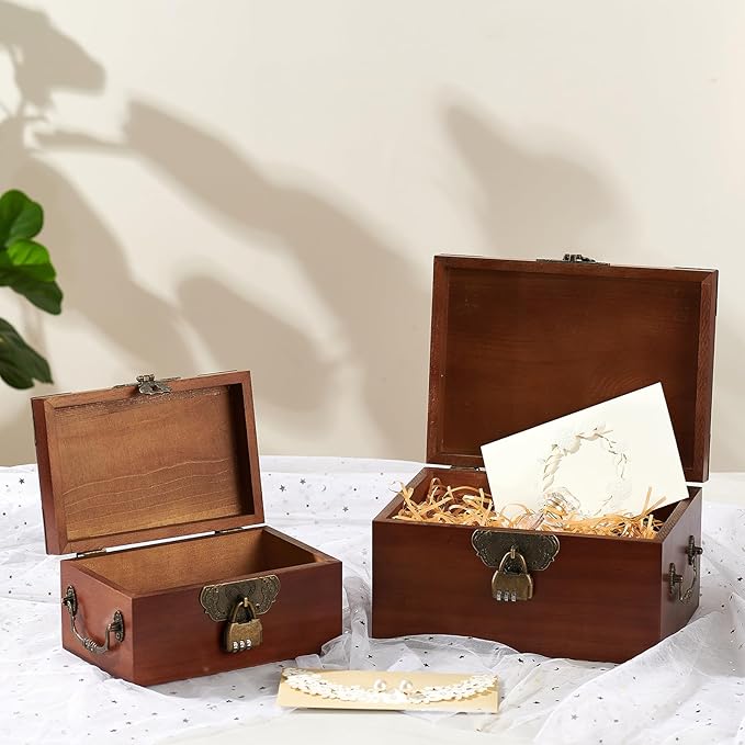 2PCS Decorative Wooden Storage Box with Lids Handmade Memory Box for keepsakes Treasure Chest Box with lock Vintage Wood Baskets Metal Handle Jewelry Desk Organizer Container, Walnut