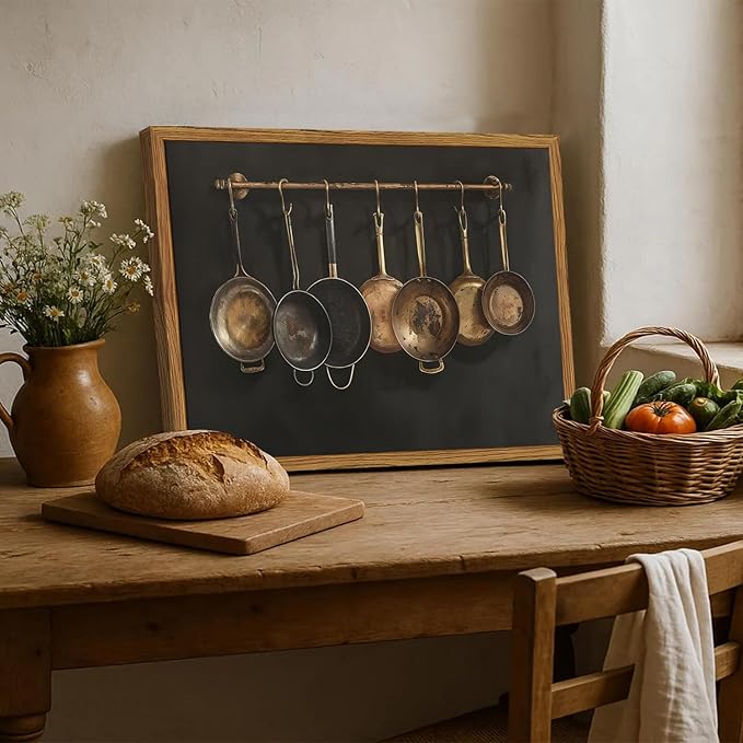 Framed Vintage Kitchen Canvas Wall Art, Farmhouse Pans Pictures Wall Decor Prints, Rustic Hanging Pots Paintings Poster Antique Home Decor Artwork for Dining Room Living Room 16×24 inch