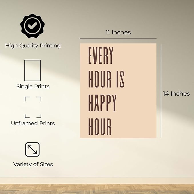 InkFlow Posters Every Hour Happy Hour Poster - Minimal Typography Quote Design - Neutral Beige Modern Print - Kitchen Bar Wall Decor - Contemporary Home Artwork - 11x14 Unframed Canvas Print