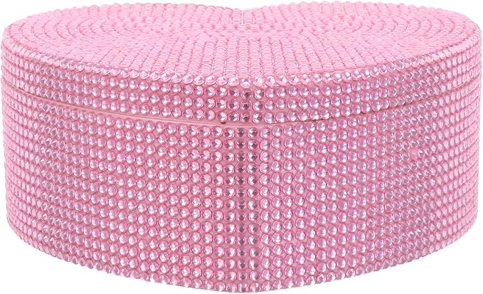 Double Layer Heart Shaped Jewelry Box with Mirror Rhinestone Plastic Jewelry Organizer for Women Makeup Storage Case Pink
