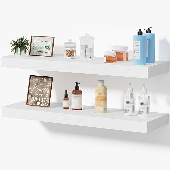 Floating Shelves for Wall, Bathroom Shelves Over Toilet, Wall Shelves & Book Shelf for Room, Hanging Shelf, Modern Wooden Mounted Floating Shelves, 24x7x1.5 in (White, Set of 2)