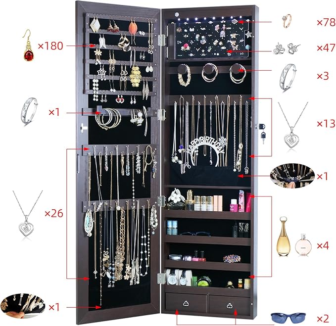 8 LED Lights Jewelry Armoire with Mirror - 47.3' H Cabinet Door Hanging/Wall Mounted Mirror With Storage And 2 Drawers - Brown
