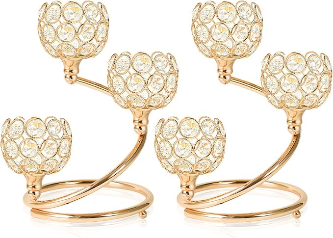 Metal Crystal Candle Holder Set of 3 - Elegant 5-Arm Metal Tea Light Centerpiece with Shining Crystal Bowl, Wedding Anniversary Table Decor for Dining, Party (Gold, 2 Pcs 3 Arm)