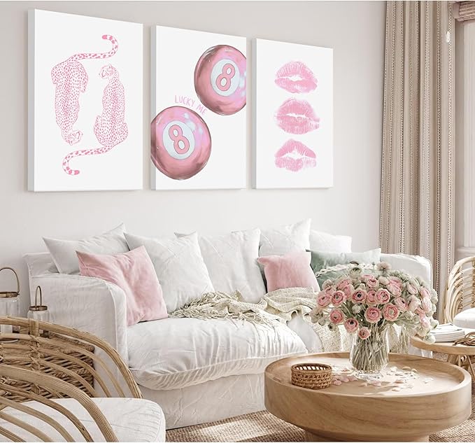 Pink Cheetah Wall Art Decor Trendy Leopard Prints Preppy Aesthetic Canvas Room Decor Y2k Leopard Wall Art 8 Ball Poster Coquette Funky Fashion Artwork for Girls Bedroom 16x24x3 Inch Wrapped Canvas