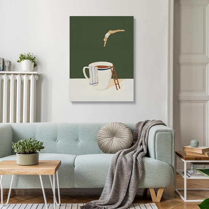 Cyebmo Modern Coffee Wall Art, Funny Diver Wall Decor, Vintage Kitchen Wall Decor, Minimalist Cafe Wrapped Canvas Painting, Green Abstract Espresso Artwork for Kitchen Cafe Coffee Bar 16x24 Inch