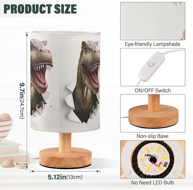 Table Lamp Dinosaur T-rex in Paper Hole Nightstand Lamp with Wood Base Fabric Lamp Shade Bedside Desk Lamp for Living Room Bedroom Kids Room Office