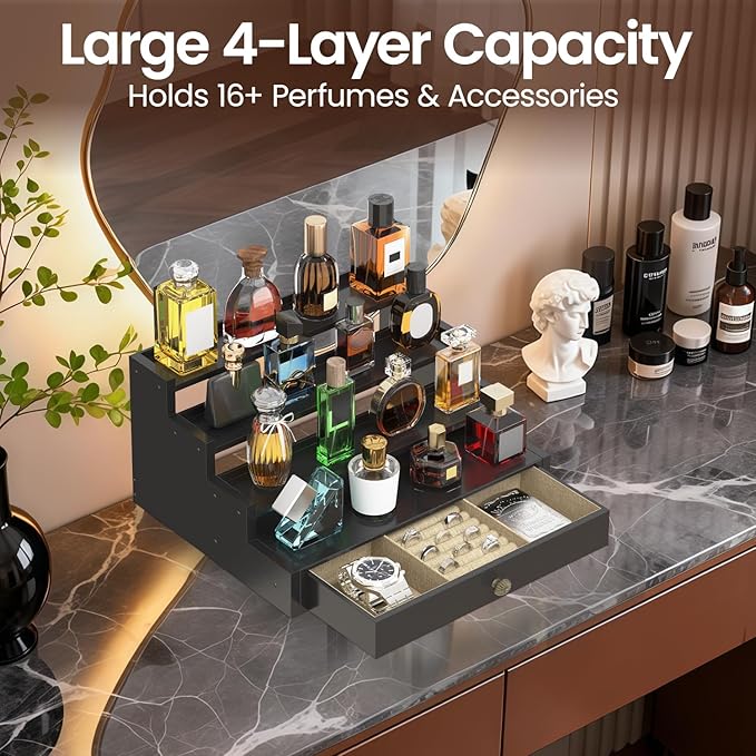 MODOWEY Perfume Organizer Cologne Holder Stand for Men, Wooden Wide-Spaced Shelf with Drawer, 4 Tier Large Capacity Storage Rack for Dresser Countertop, for a Neat, Accessible Fragrance Display, Black