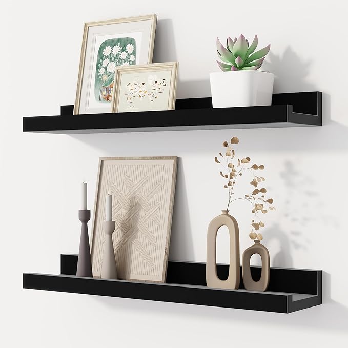 Fun Memories Floating Picture Ledge Shelves, Wall Mounted Wood Storage Shelf for Bedroom, Living Room, Bathroom, Kitchen, Nursery, Display Picture Ledge Shelf Set of 2-16 Inches, Black