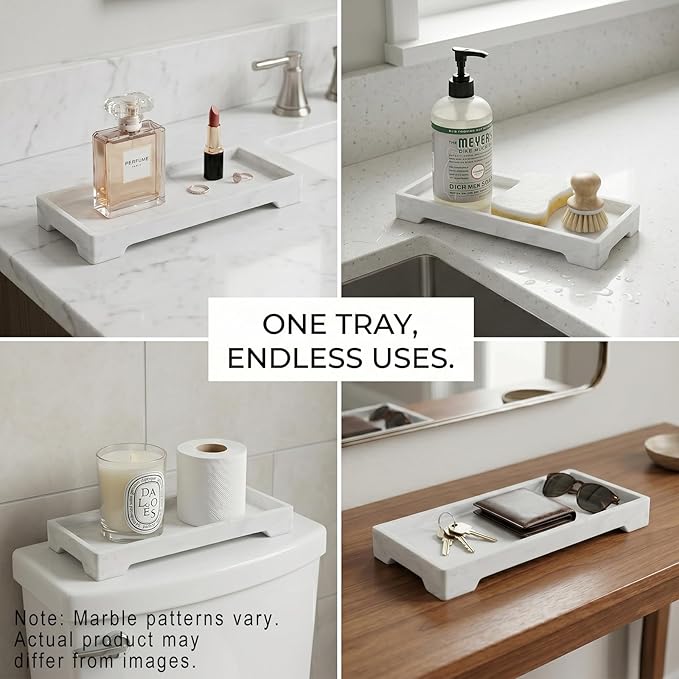 Countertop Vanity Tray - Silicone Bathroom Sink Organizer & Kitchen Soap Tray, Footed Anti-Slip Design, Waterproof Caddy for Perfume, Jewelry, Makeup, Bottle, Oil, Sponge Holder, White Marble 10"x4.2"
