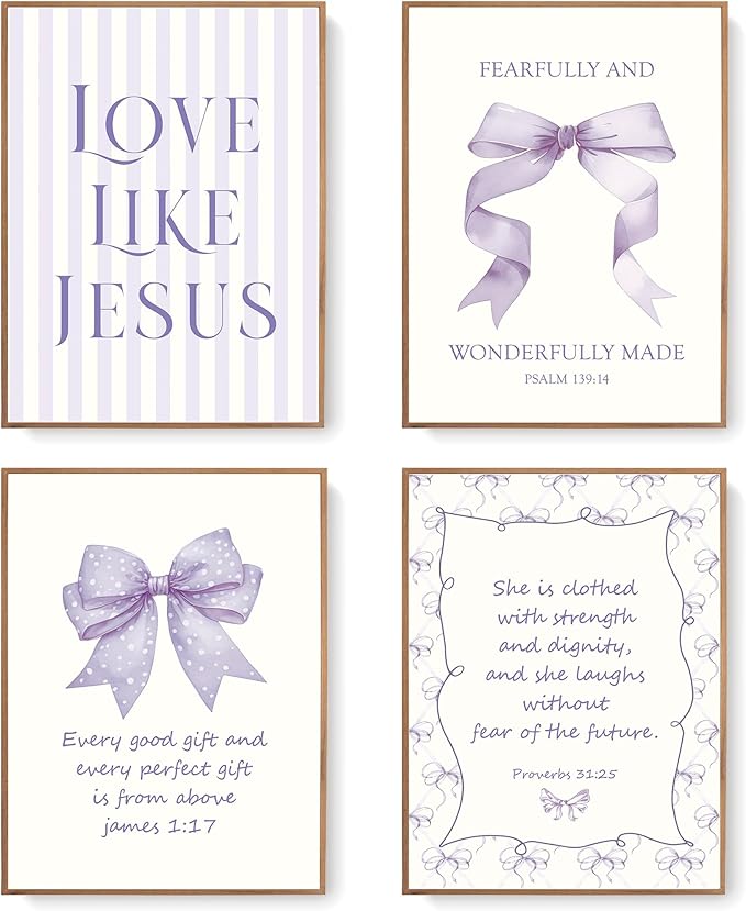 LARTSFRO Coquette Purple Bow Jesus Wall Art Decor Posters, Purple Bow Christian Room Bedroom Bathroom Dorm Wall Art Decor Aesthetic for Teen Girls Gifts, Inspirational Bible Verses Bow Wall Decor, 12x16 Inch Set of 4 Bow Pictures (UNFRAMED)