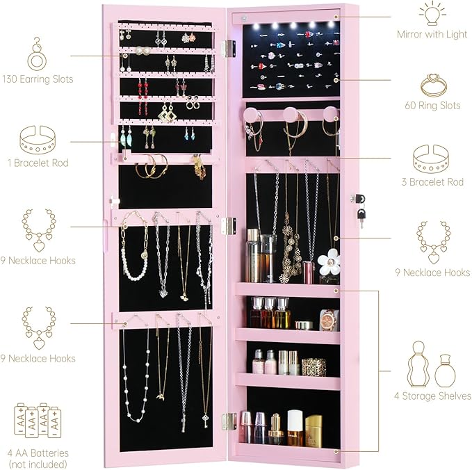 Full Length Mirror Jewelry Cabinet Organizer Lockable Door Wall-Mounted Jewelry Armoire with Shelves and Behind the Door Storage Pink