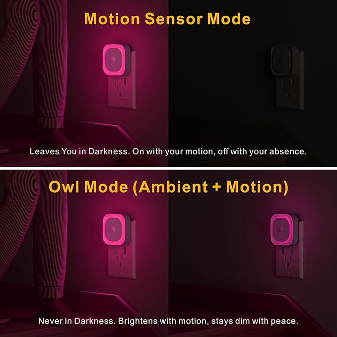 YUNLEX 2 Pack Plug in Night Light with Motion Sensor & Dusk to Dawn Sensor, Soft Pink Glow for Bedroom, Hallway, Girls Room, 3 Sensor Modes, Auto ON/Off, Dimmable Nightlight for Bathroom