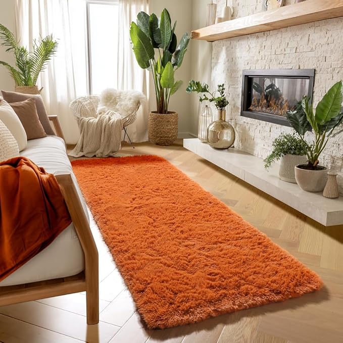 Amdrebio Burnt Orange 2x6 Runner Rugs for Bedroom Living Room, Fluffy Fuzzy Shaggy Furry Bedside Area Rug for Kids Room Decor Aesthetic, Cute Plush Shag Dark Orange Carpet for Nursery Dorm Playroom