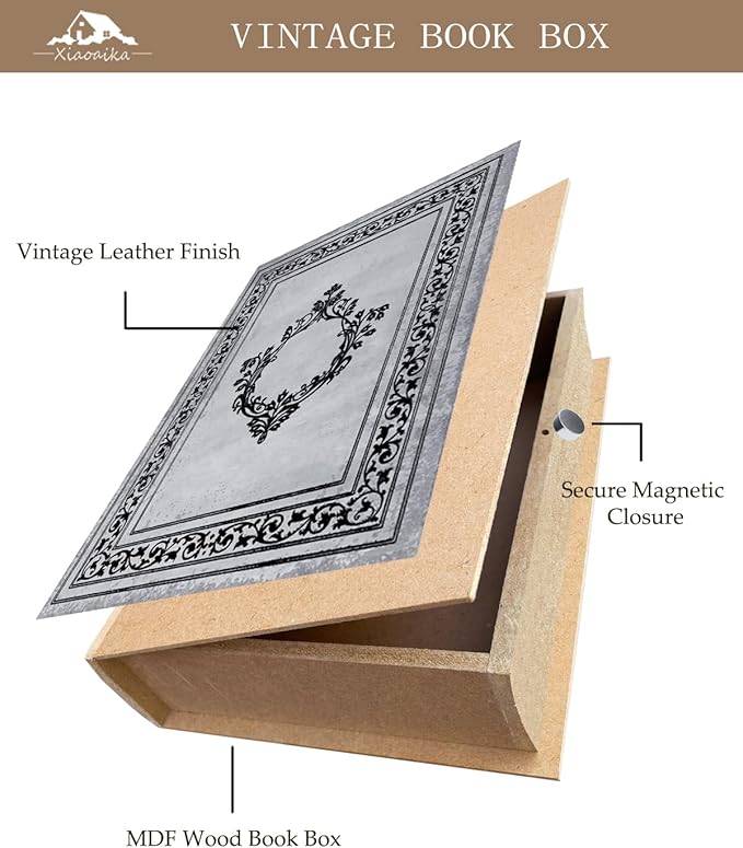 Decorative Wooden Book Box Set of 2 - Vintage Faux Book Boxes for Home Decor, Secret Storage with Magnetic Closure, Antique Style, Grey Leather Cover Design, Perfect for Home Office Bookshelf
