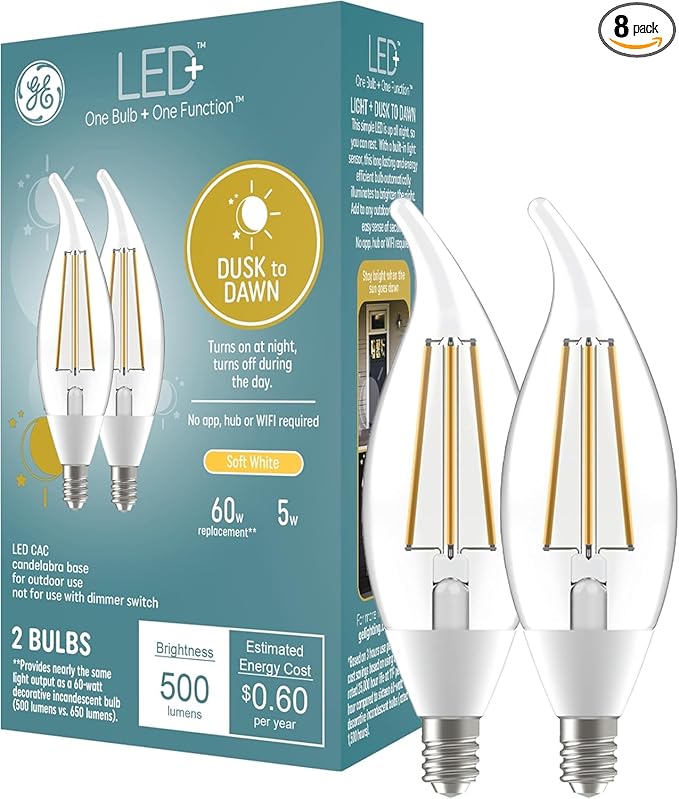 GE LED+ Dusk to Dawn LED Light Bulbs, Automatic On/Off Outdoor Security Lights, Soft White, E12 Candelabra Base (8 Pack)