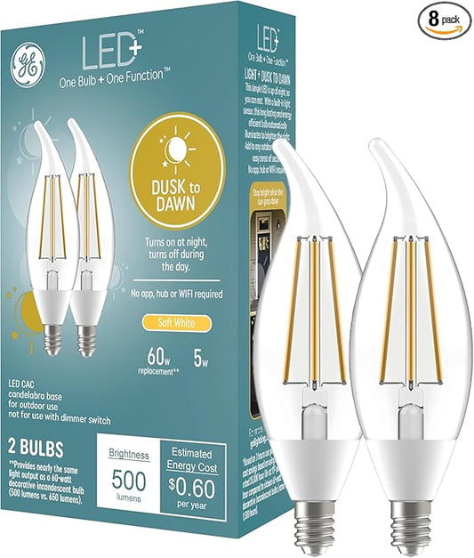 GE LED+ Dusk to Dawn LED Light Bulbs, Automatic On/Off Outdoor Security Lights, Soft White, E12 Candelabra Base (8 Pack)